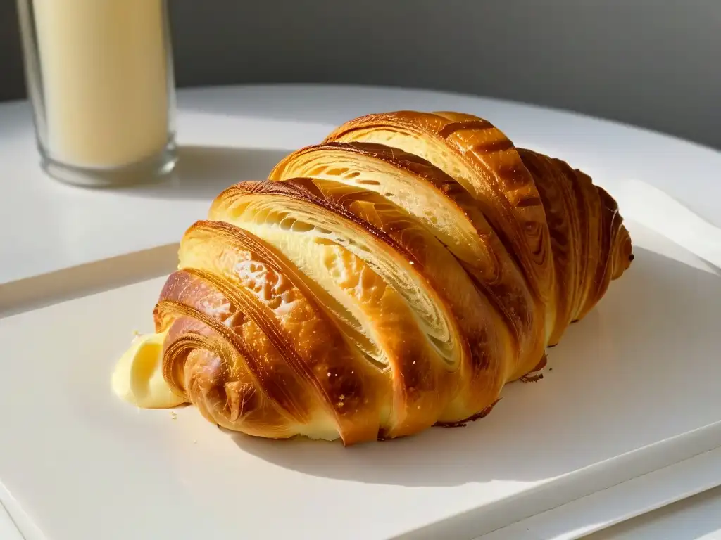 Delicioso croissant dorado recién horneado en plato blanco Un croissant dorado recién horneado con capas perfectas, en plato blanco, destacando su aroma y textura