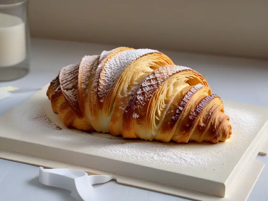 Un croissant dorado recién horneado con azúcar glas, exquisita artesanía