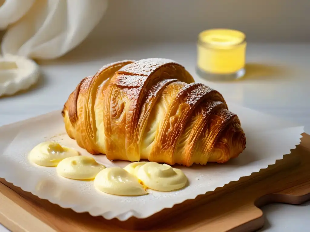 Un croissant dorado recién horneado con mantequilla europea de alto contenido grasa derritiéndose en sus capas