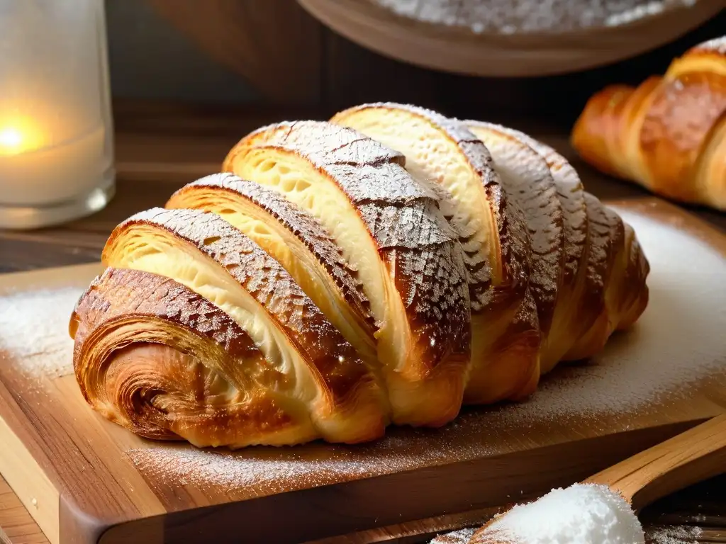 Un croissant dorado y recién horneado en tabla rústica, evocando la historia de éxito de Joanne Chang en repostería