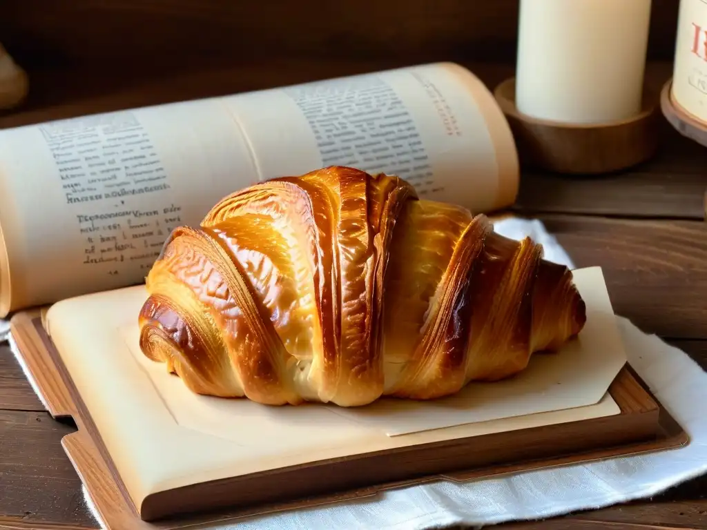 Un croissant dorado junto a un libro de 'Secretos de la Repostería Francesa', en una escena sofisticada y tentadora