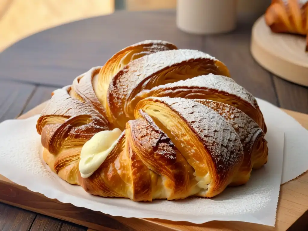 Un croissant dorado sobre mesa de madera, iluminado por el sol