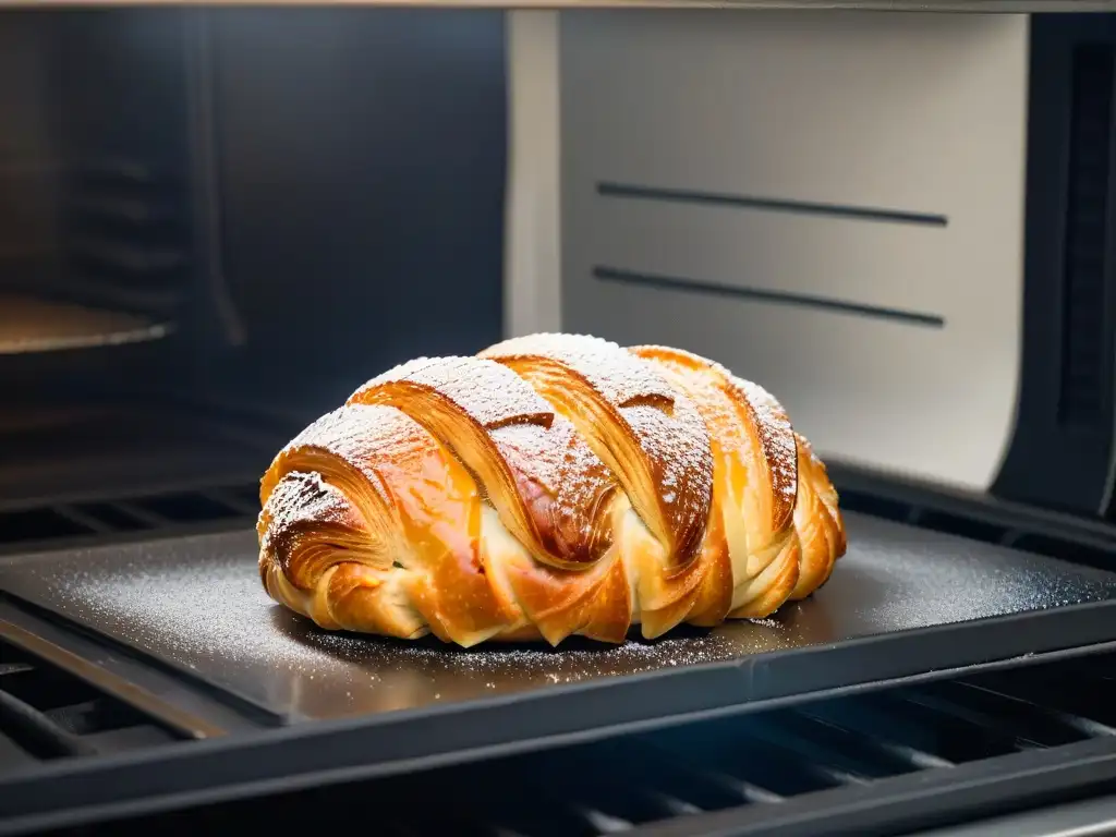 Un croissant dorado saliendo de un moderno horno de convección, revelando los secretos de la repostería