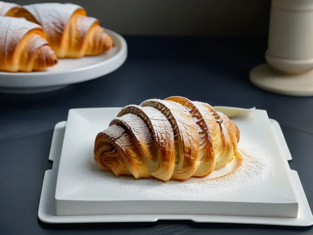 Un croissant perfectamente dorado en un plato blanco moderno, con capas delicadas y azúcar glas