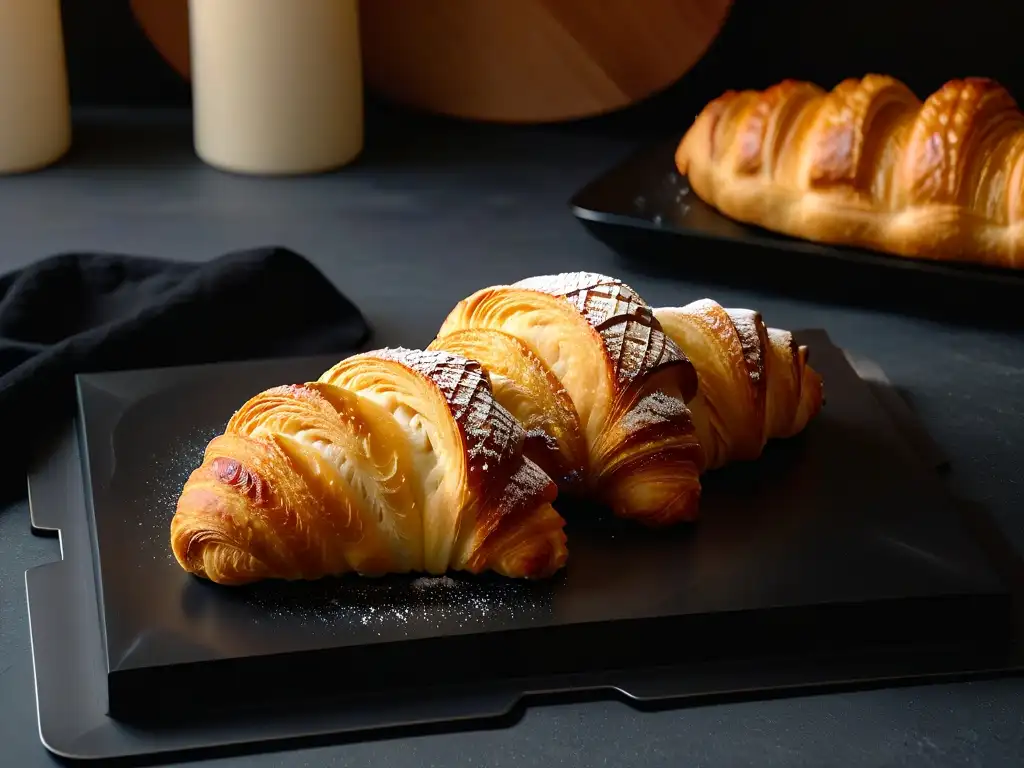 Un croissant dorado sobre un plato negro, destacando la artesanía y calidad de la repostería sostenible