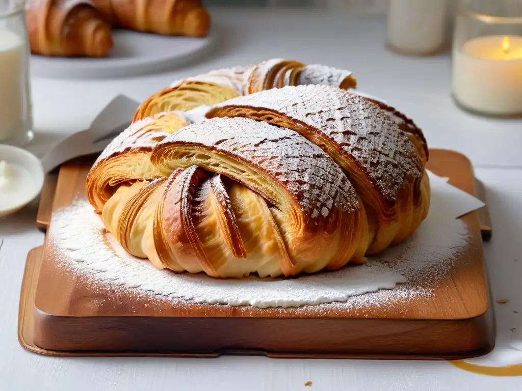 Un croissant perfectamente horneado en una mesa rústica con azúcar glass, mostrando las tendencias globales repostería clásica