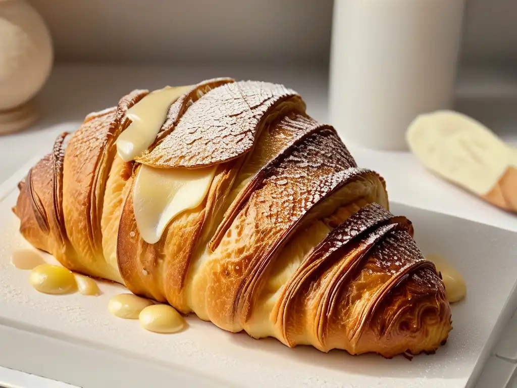 Un croissant de almendra recién horneado en un plato blanco, mostrando su crujiente y dorada corteza