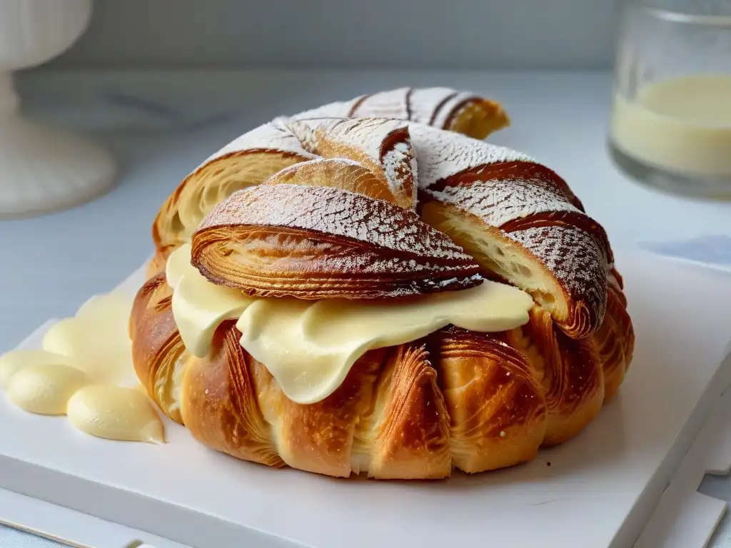 Un croissant recién horneado con capas de mantequilla europea dorada, mostrando la excelencia de la repostería