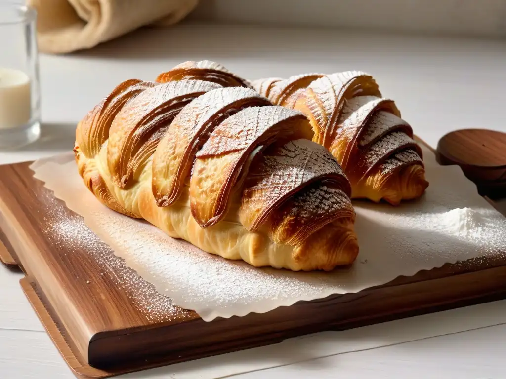 Un croissant recién horneado con capas doradas y hojaldradas, espolvoreado con azúcar glass en una mesa rústica