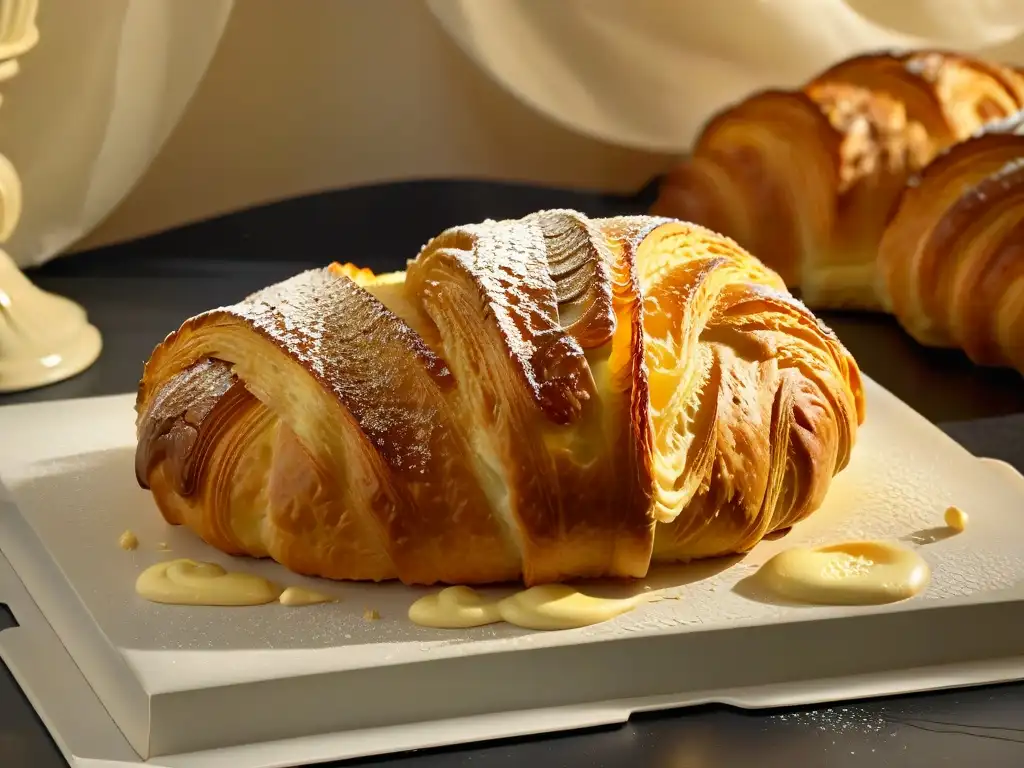 Un croissant recién horneado con mantequilla europea fundiéndose lentamente, resaltando su textura y aroma