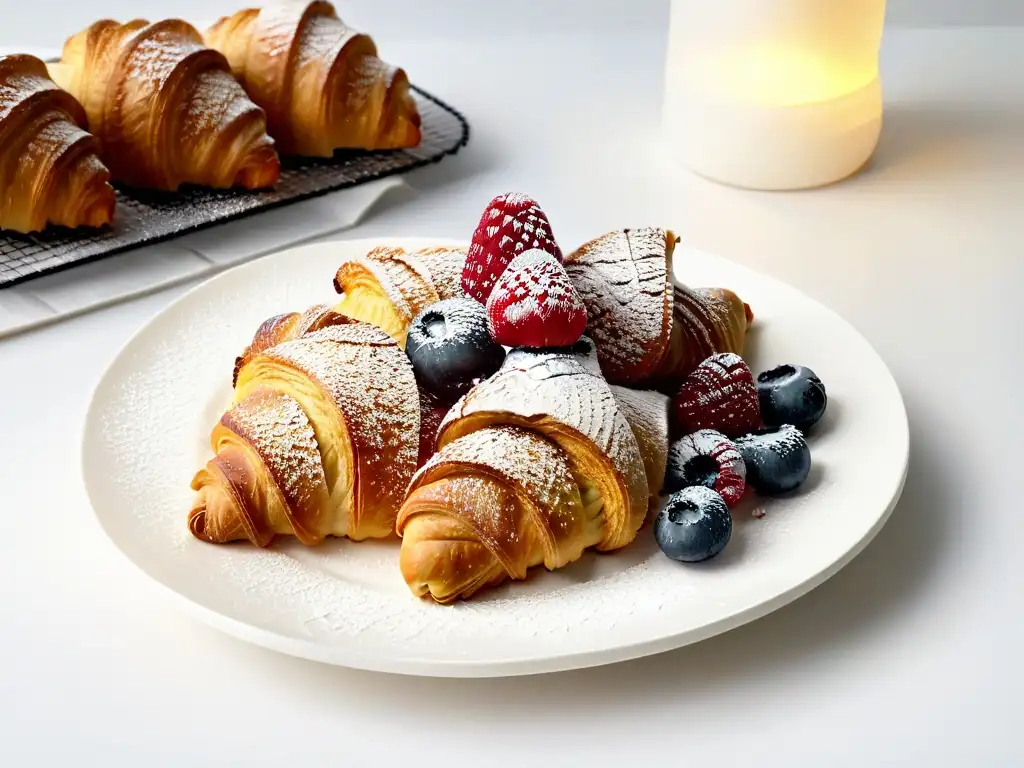 Un croissant vegano y sin gluten dorado y esponjoso, con azúcar glass y frutas frescas