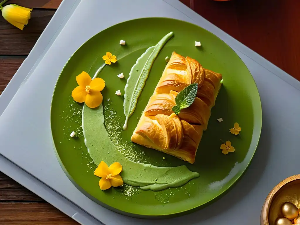 Un croissant de té verde matcha con glaseado de mango y chile, decorado con oro comestible y flores, sobre un plato moderno