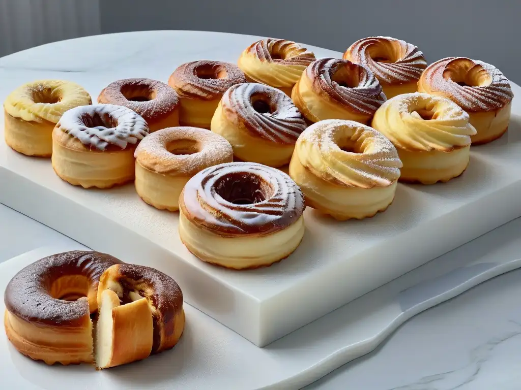 Un cronut dorado sobre encimera de mármol, reflejando su capas crujientes y esponjoso interior