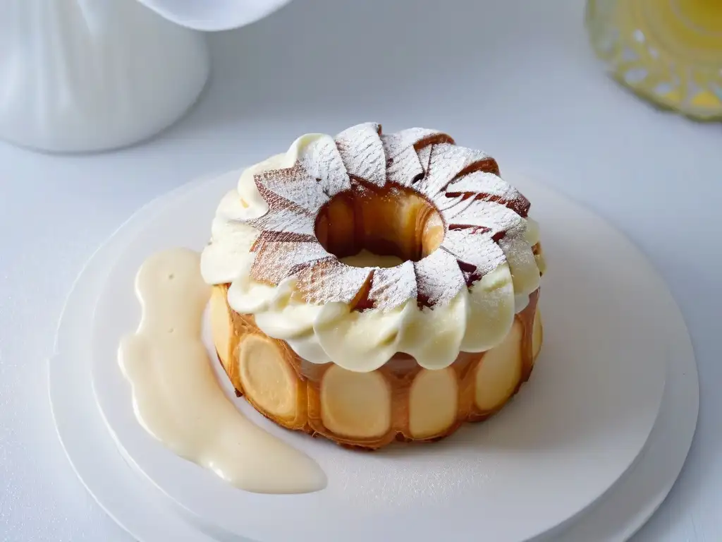 Un cronut perfectamente elaborado destaca en un fondo blanco, representando la innovación en tendencias de repostería contemporánea