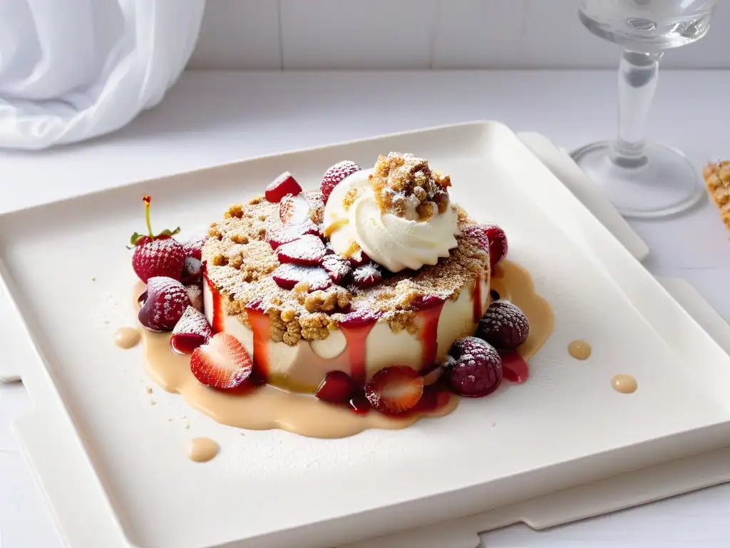 Un crujiente crumble de frutos rojos otoñal con helado de vainilla derretido en un plato blanco moderno