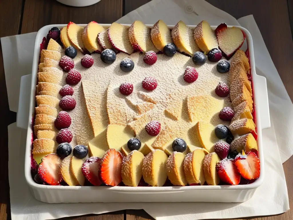 Un crumble de frutos rojos otoñal, horneado a la perfección con bayas rojas vibrantes y una costra dorada y mantecosa