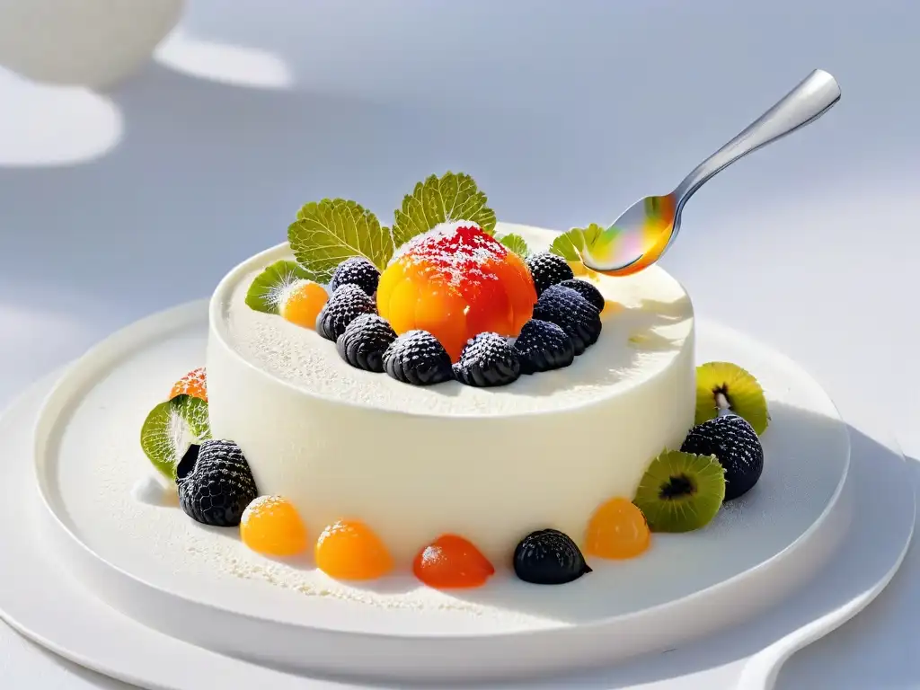 Una cuchara delicada incorporando caviar de frutas a un postre blanco, creando una escena lujosa y elegante