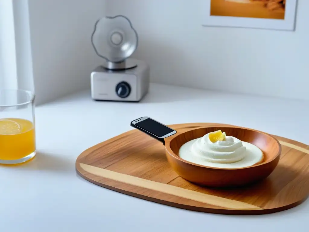 Una cuchara de madera vintage y un smartphone en equilibrio, simbolizando la evolución de los postres caseros en la era digital