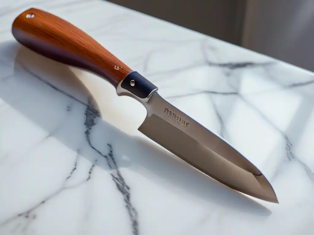 Un cuchillo de chef pastelero moderno y elegante sobre una encimera de mármol, con certificaciones online repostería pastelería abrir