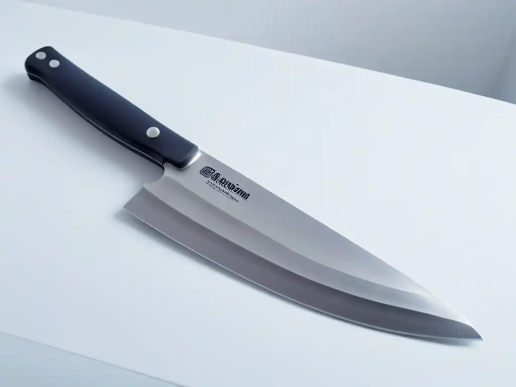 Un cuchillo de chef reluciente y detallado en un fondo blanco, reflejando precisión y agudeza