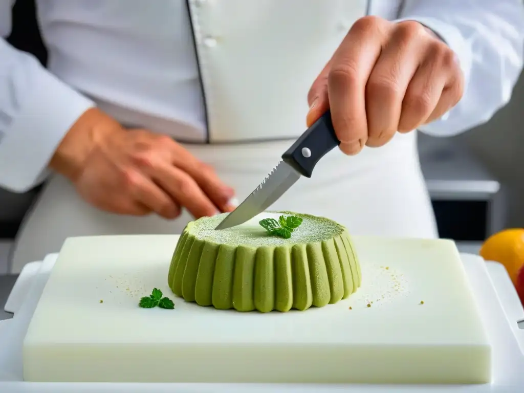 Un cuchillo para repostería de precisión siendo afilado con esmero en una piedra moderna y elegante