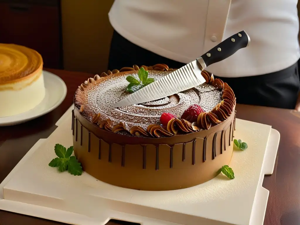 Un cuchillo para repostería de precisión corta con maestría una torta decorada, destacando su precisión y arte culinario