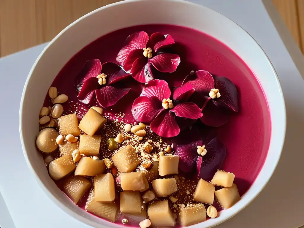 Un cuenco blanco con zenzai africano, decorado con pétalos de hibisco rojo y cacahuetes triturados