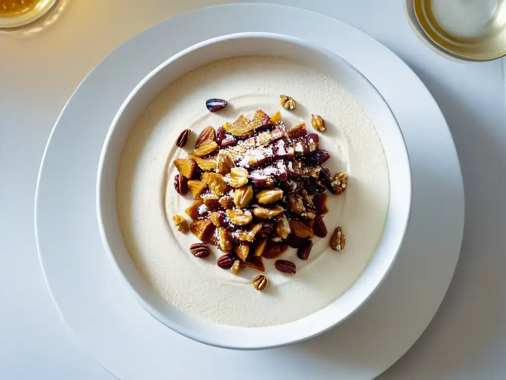 Un cuenco blanco elegante con Gesztenyepüré, nueces trituradas y canela, receta puré castañas húngaro