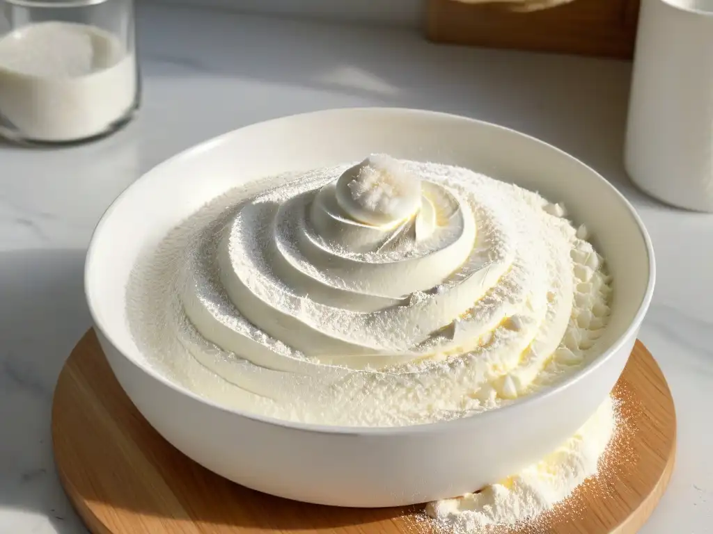 Un cuenco blanco lleno de delicado y esponjoso polvo de hornear sin aluminio, irradiando pureza y textura en una elegante cocina moderna