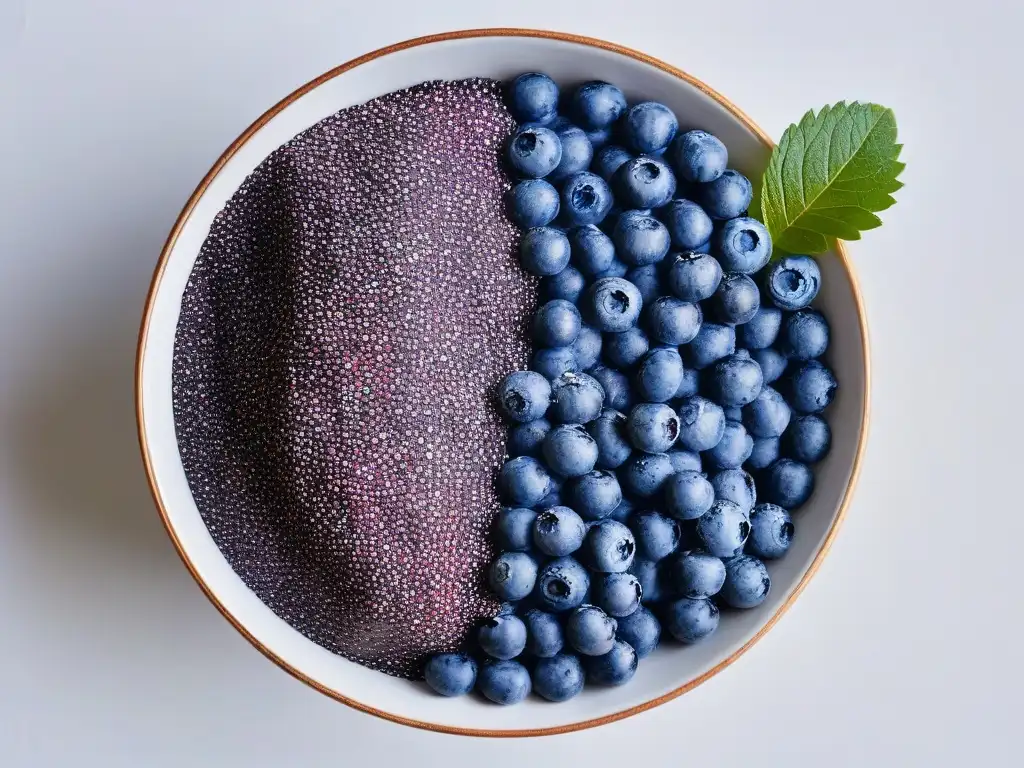 Un cuenco de vidrio con semillas de chía, arándanos frescos y miel, ¡una delicia! Recetas dulces con semillas de chía