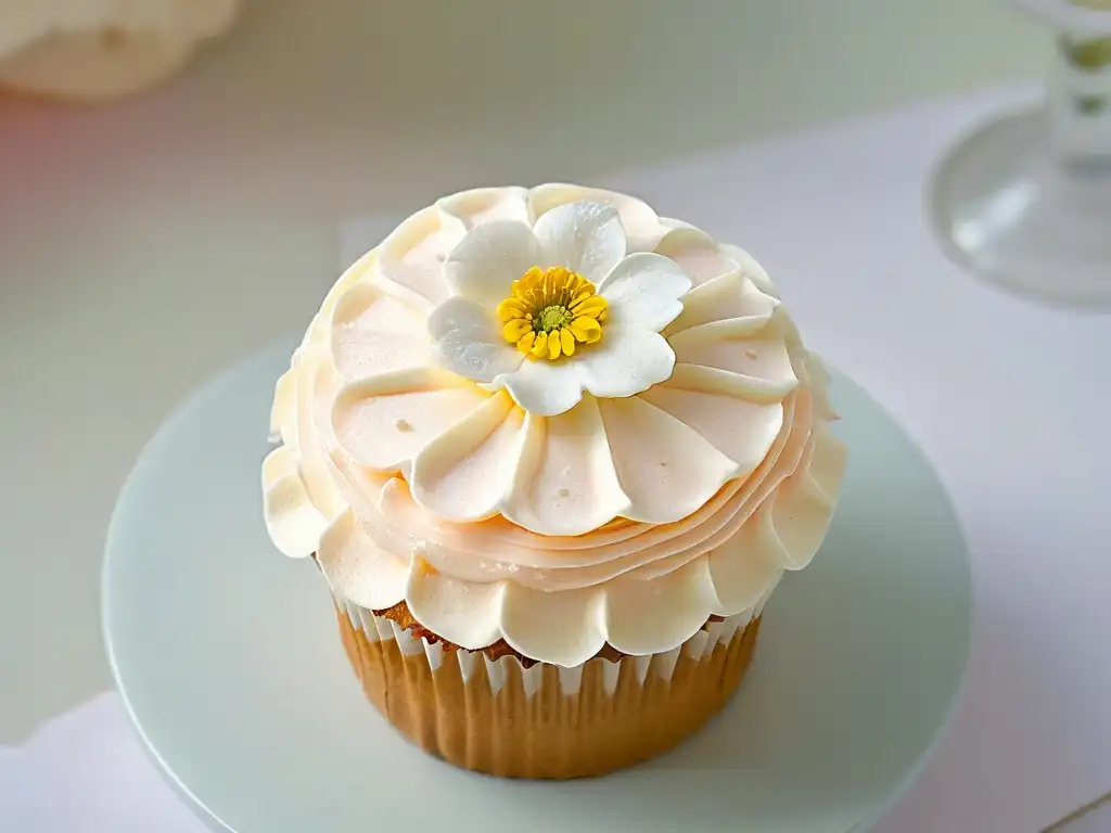 Cupcake blanco con flores rosadas: minimalismo en detalle Un cupcake blanco minimalista con decoraciones de flores rosadas comestibles, arte culinario elegante