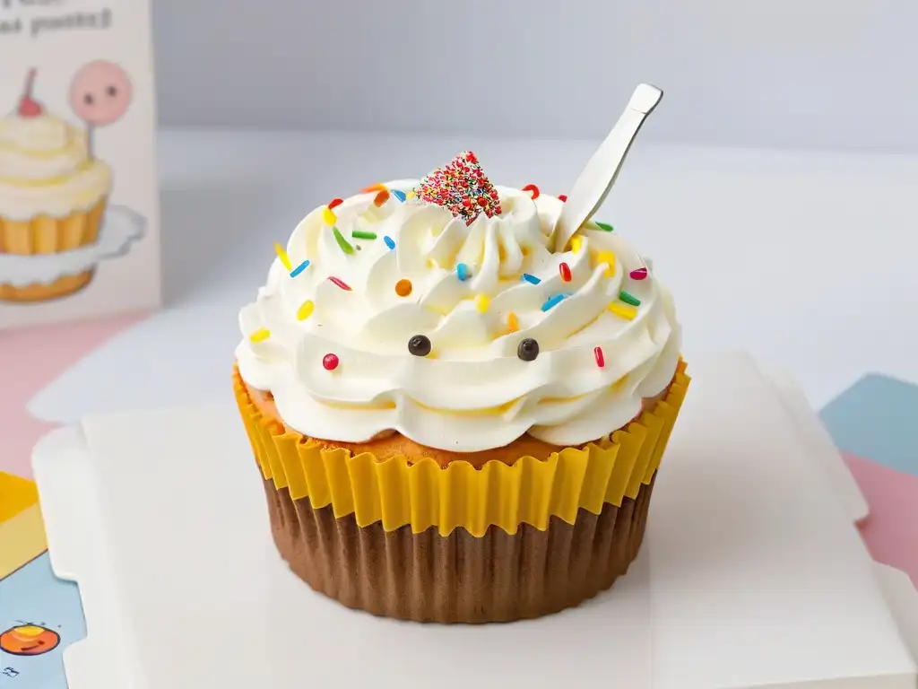 Delicioso cupcake de colores con dibujos mágicos Un cupcake colorido y divertido rodeado de utensilios de cocina y ingredientes, creando magia