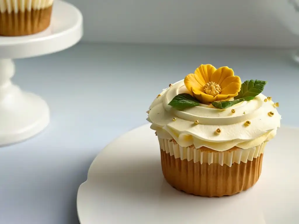 Cupcake decorado con arte en glaseado pastel y flores comestibles, sobre un plato blanco