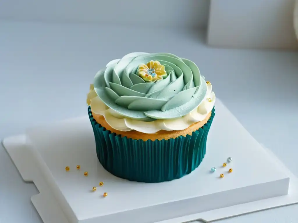 Un cupcake delicadamente decorado, con colores vibrantes y detallado trabajo de repostería