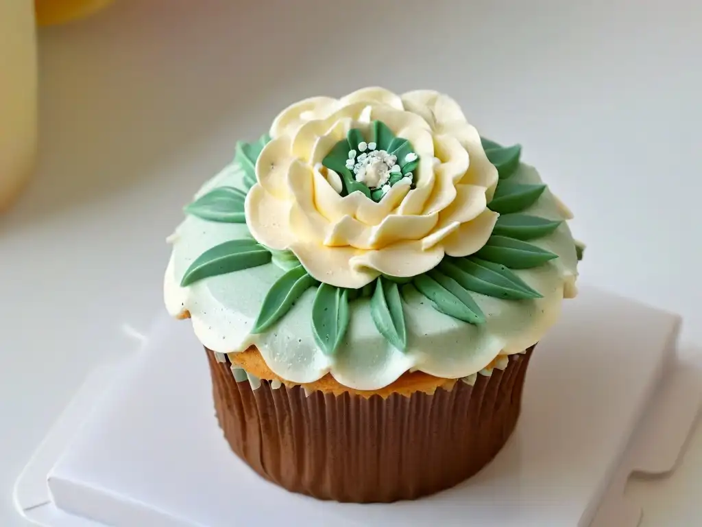 Un cupcake decorado con detalle y elegancia, en primer plano