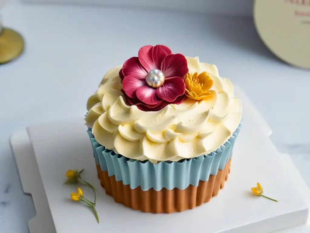 Un cupcake elegantemente decorado con detalles intrincados, flores comestibles y destellos dorados, destacando la pastelería en ferias