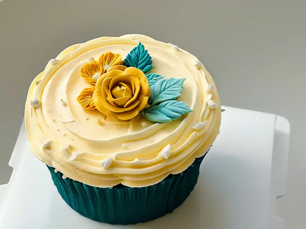 Un cupcake perfectamente decorado con detalles intrincados y brillantes, sobre un fondo blanco