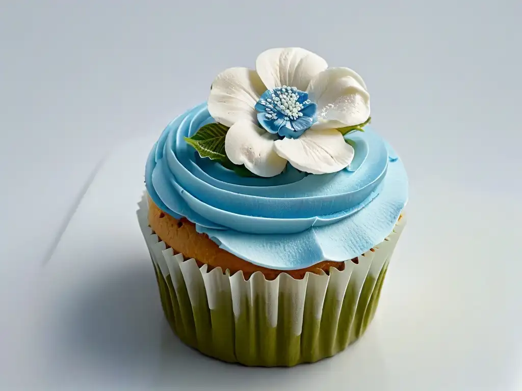 Cupcake bellamente decorado con flor de azúcar detallada, inspirando a tomar cursos online repostería cambio vida