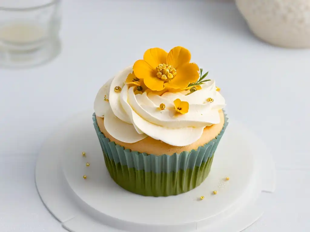 Un cupcake perfectamente decorado con flores comestibles y polvo dorado