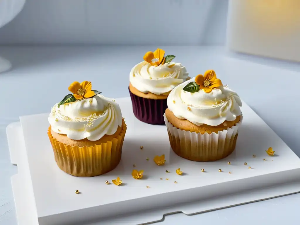 Un cupcake bellamente decorado con flores comestibles y láminas de oro, en un elegante fondo de mármol