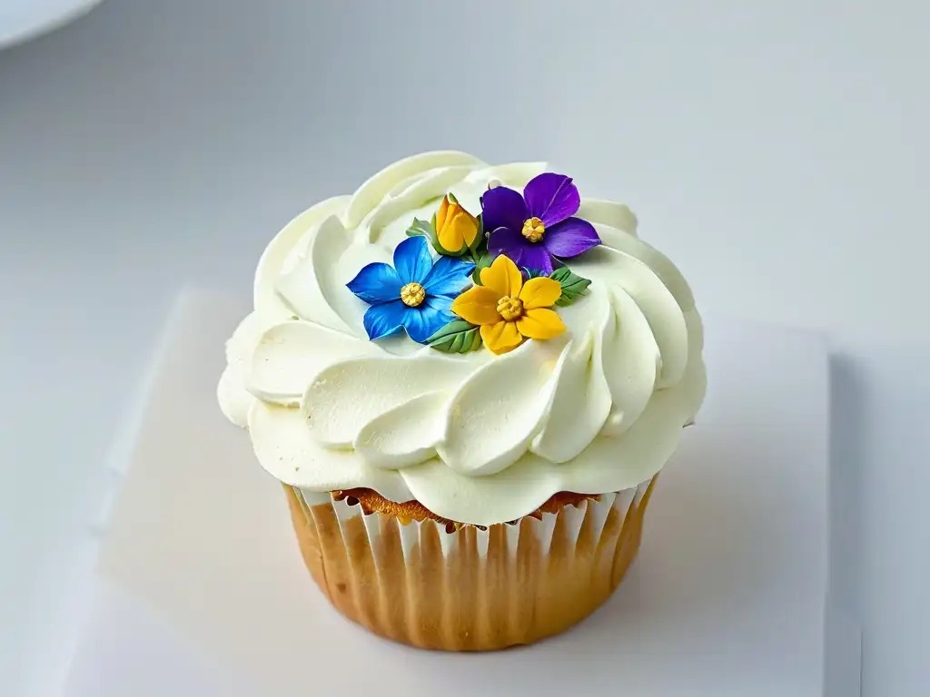 Un cupcake perfectamente decorado con flores comestibles y lámina de oro, en un fondo blanco