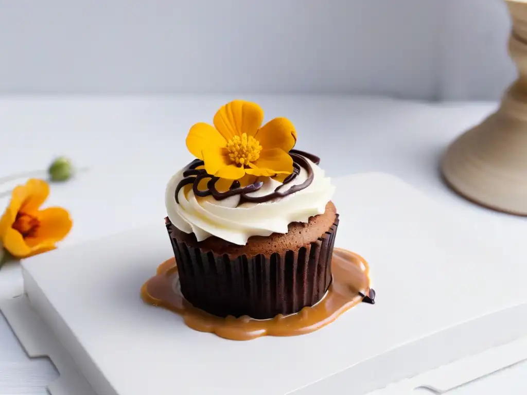 Cupcake decorado con Ingredientes Comercio Justo, flores comestibles y caramelo en plato blanco