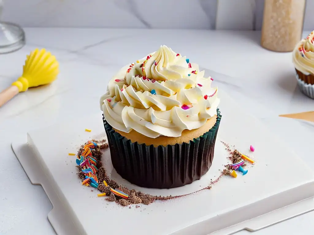 Un cupcake decorado elegantemente rodeado de herramientas de repostería en un mostrador de mármol