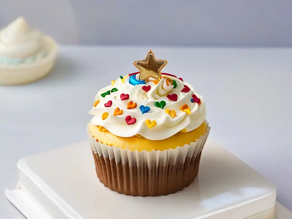 Un cupcake decorado con símbolos de diversidad y coloridos detalles, ideal para postres temáticos inclusivos diversidad