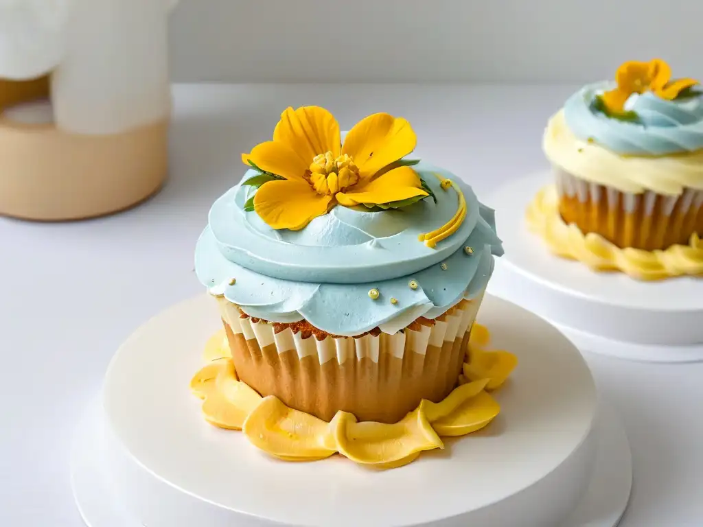 Un cupcake perfectamente decorado con swirls de buttercream y flores comestibles, resaltando la importancia de la repostería educativa