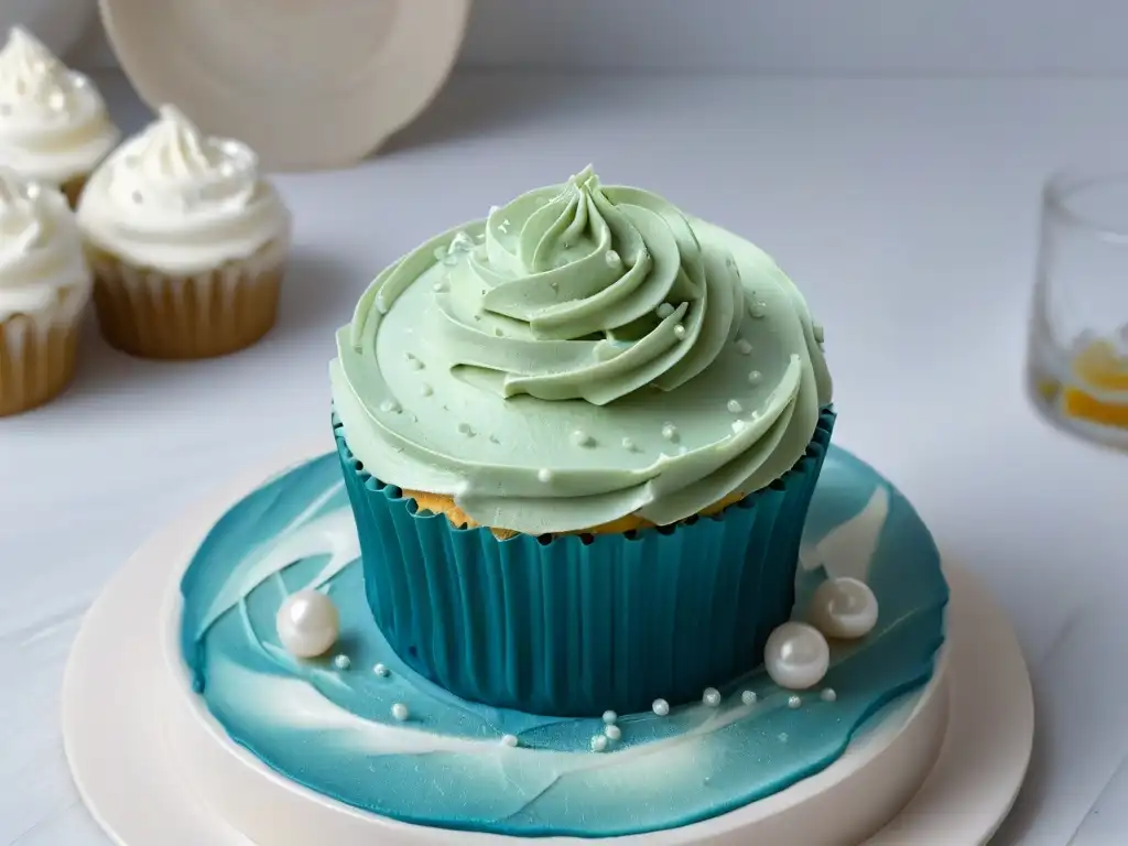 Cupcake delicadamente decorado con swirls de buttercream pastel, perlas comestibles, sobre mármol blanco