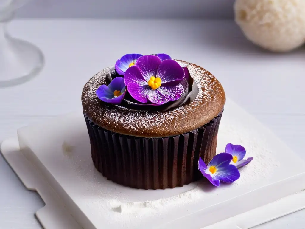 Un cupcake delicado decorado con flores comestibles y azúcar glas en un plato blanco moderno