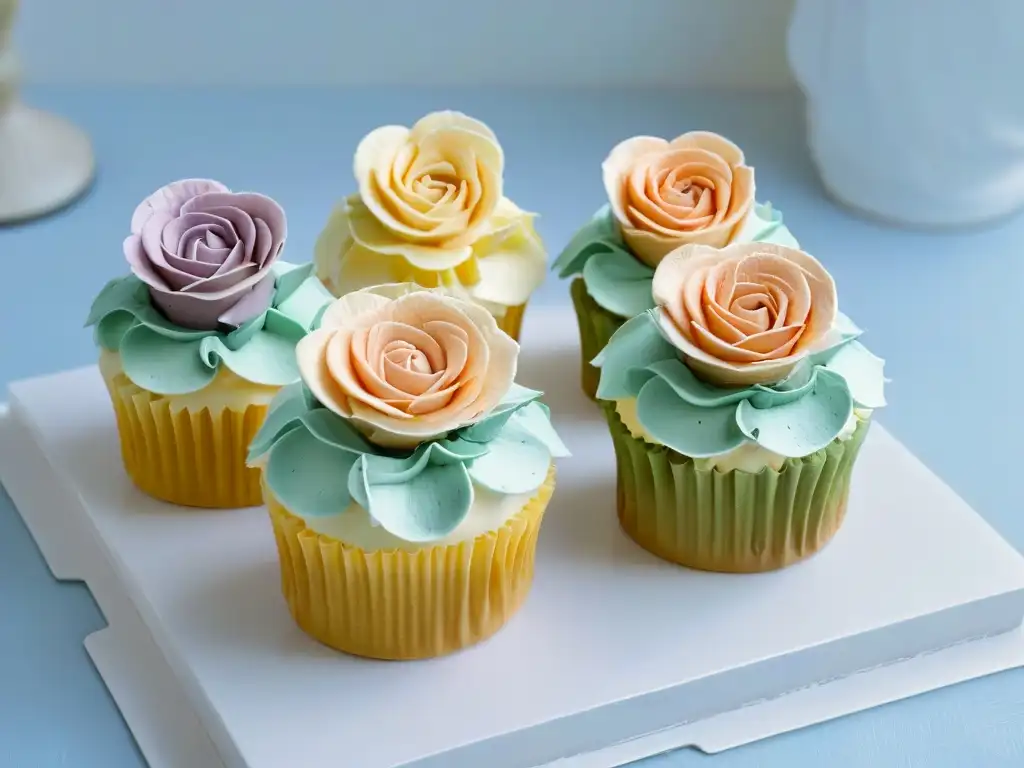 Un cupcake delicado con rosas de buttercream en tonos pastel, resaltando elegancia y sofisticación