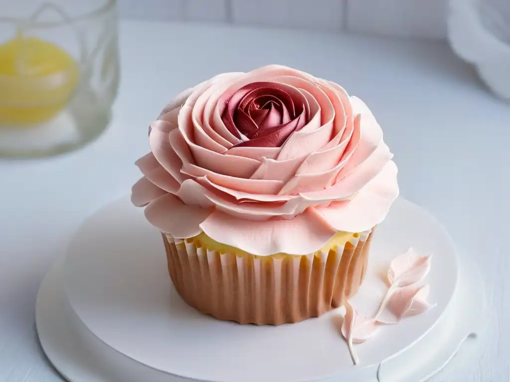 Cupcake de rosa con detalle exquisito, petalos de buttercream rosado