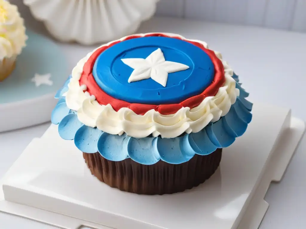 Un cupcake con diseño del escudo de Capitán América, en colores vibrantes sobre fondo blanco